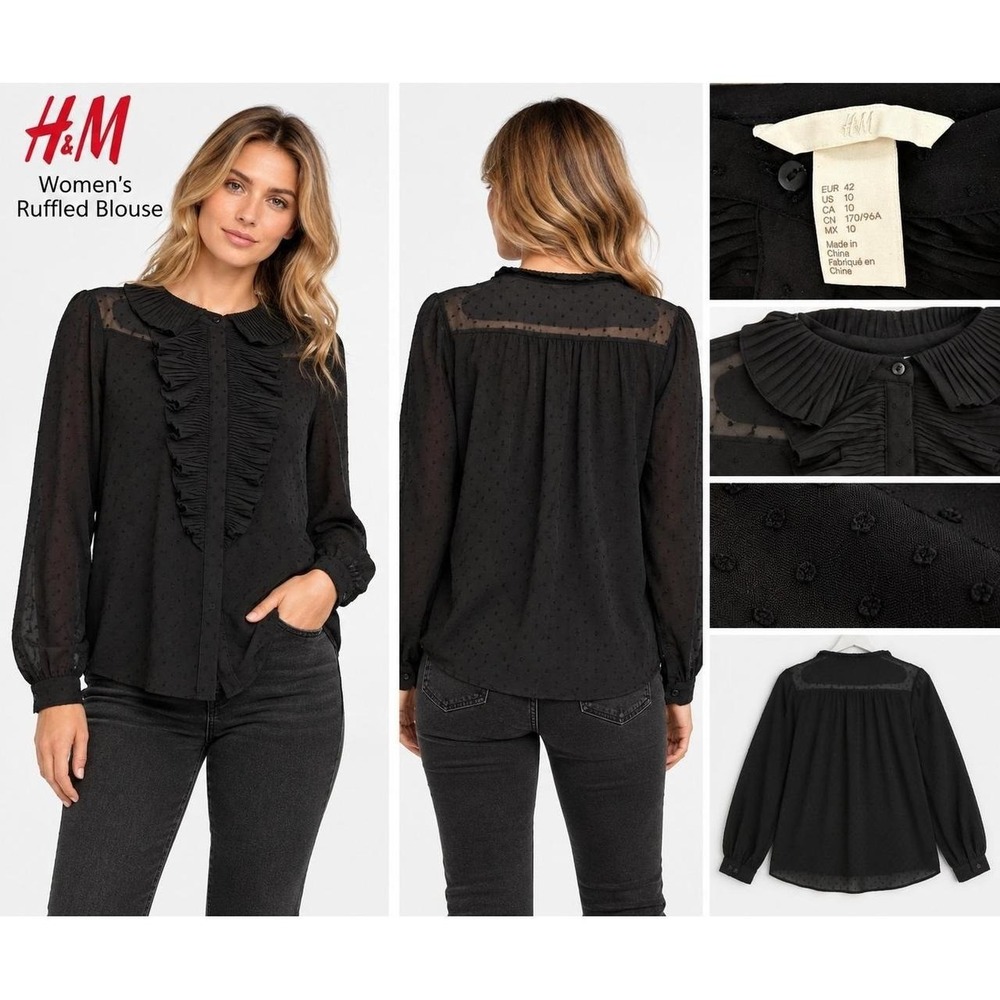 H&M Ruffled Blouse Womens 10 Black Office Siren Romantic Swiss Dot Pleated Bib
